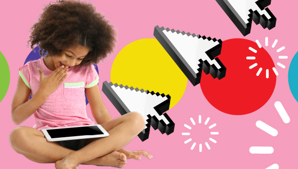 a child looks at a tablet on their lap, with cursor arrows in the background