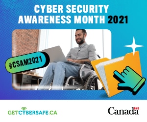 Person in a wheelchair typing on a laptop, with cursor hand and file folder emoji. Text: Cyber Security Awarness Month 2021, #CSAM2021