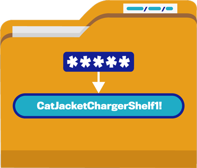 Icon of a file folder. There is a password field is comprised of asterisks over it and an arrow pointing to a field below it that reads: CatJacketChargerShelf1!