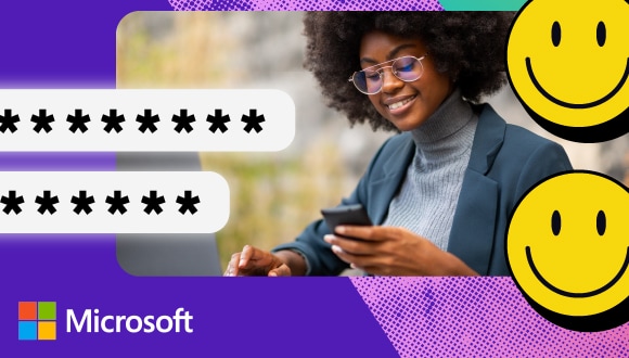 a person looks at a phone, two passwords, the Microsoft logo; text: Microsoft