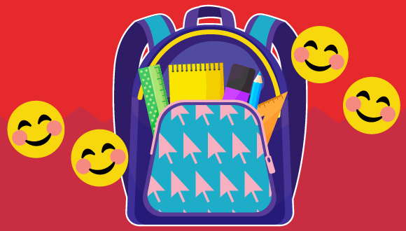 backpack with supplies in it, and happy faces