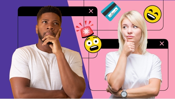 two people look uncertain, with background of dialogue windows, siren, credit card, happy face and alarmed face emojis