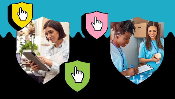 five shields: one with a person wearing an apron and holding a tablet, one with two people in medical scrubs writing on a clipboard, and the others with cursor hands