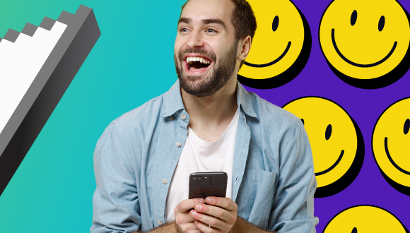 a person holds a phone, with yellow happy faces in the background