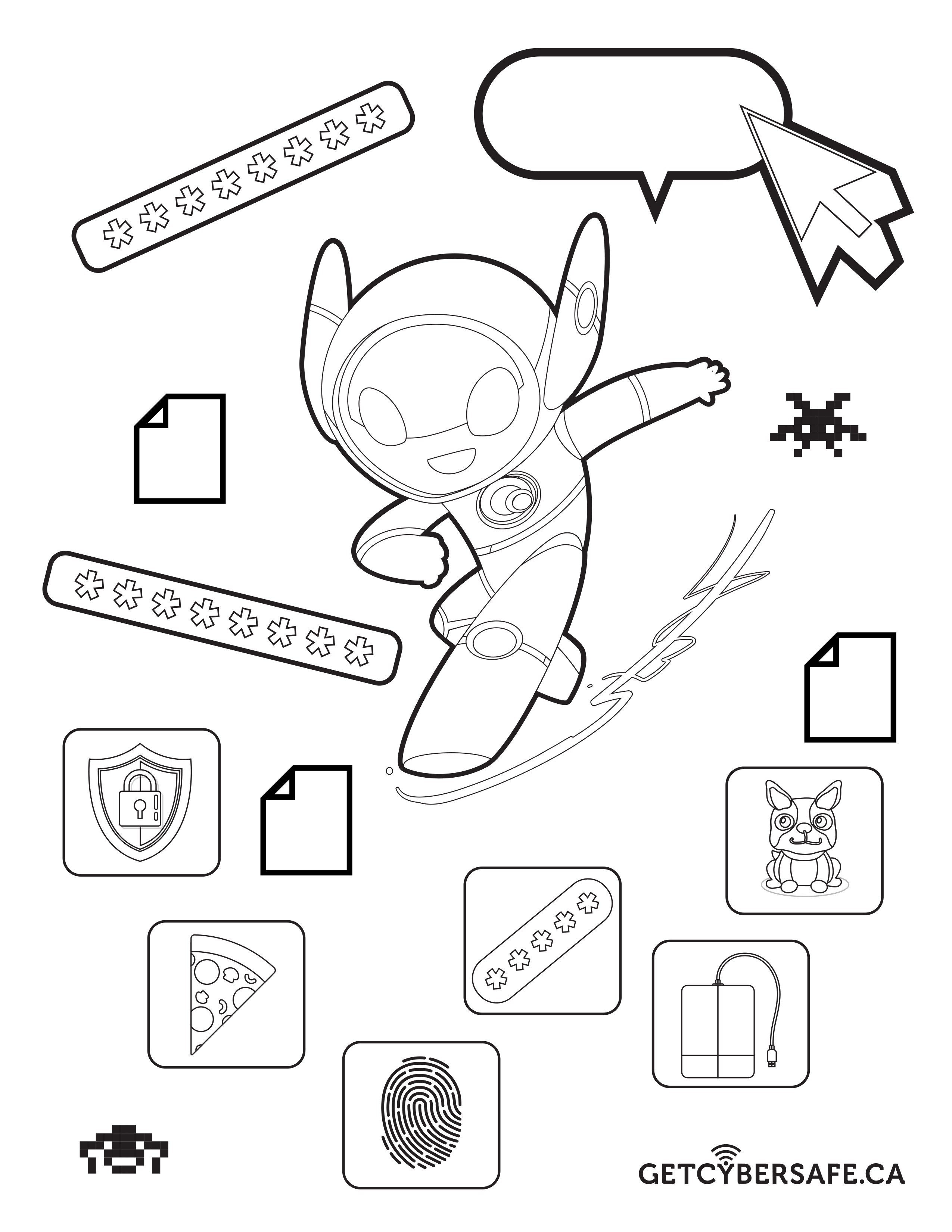 black and white image of cybot, password fields, a dialogue bubble, an anti-virus symbol, a pizza slice, a thumbprint, a hard drive, a puppy