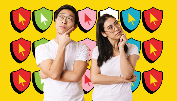 two people look puzzled, against a background of shields with cursor arrows on them