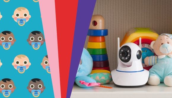 "baby emojis, a shelf with baby toys and a video baby monitor"