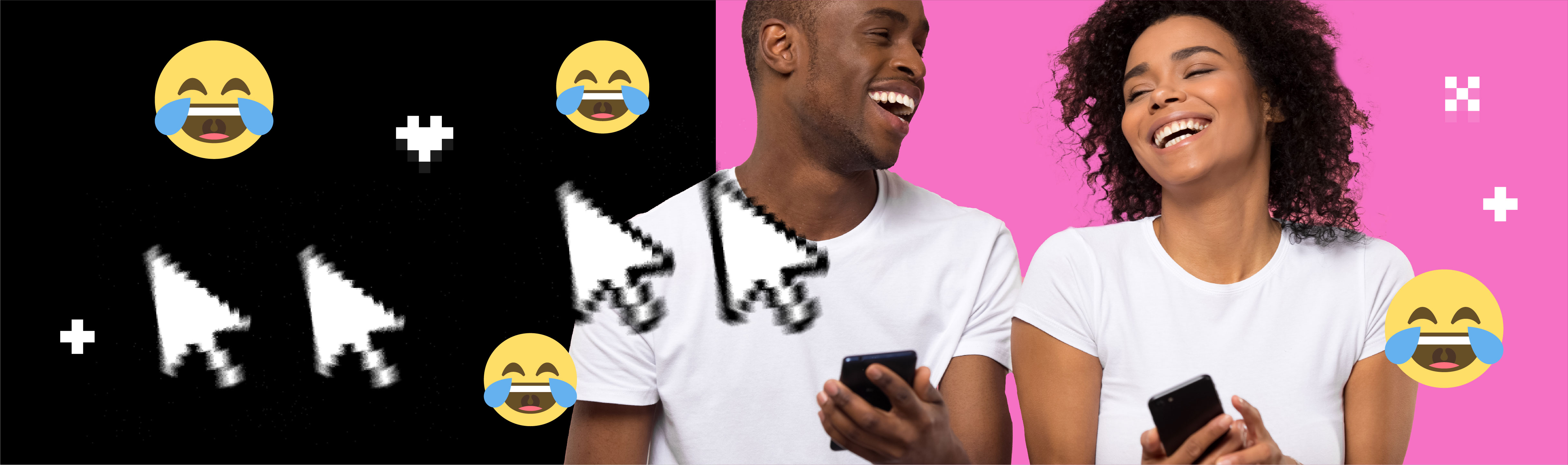"two people holding phones and laughing, with laughing emojis and cursor arrows"