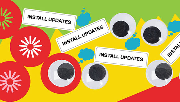"googly eyes, update circles; text: install updates"