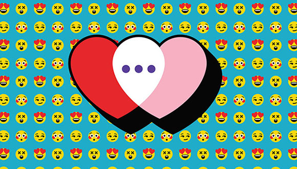 "two hearts with elipsis in the overlap, against a background of various emoji faces"