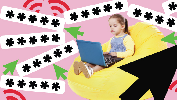 "a small child sits on a beanbag chair with a laptop, with passwords, cursors and Wi-Fi symbols in the background"