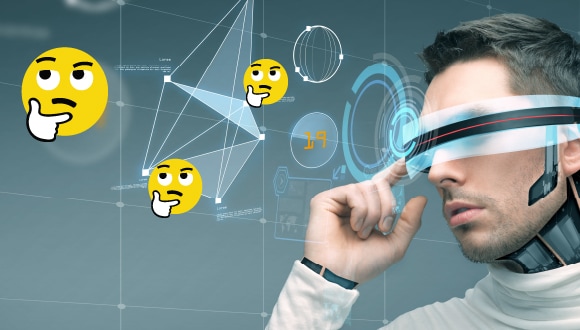 a person in a futuristic visor, with thinking emojis