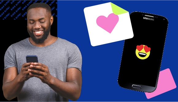 a person looks at his phone, and a phone with a heart-eyes emoji on it
