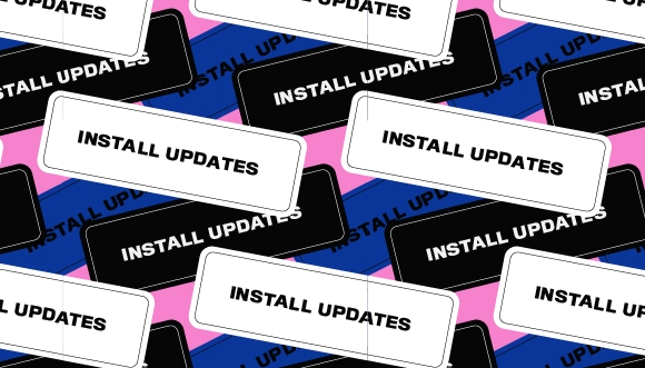 white, black and blue stickers; text: Install updates