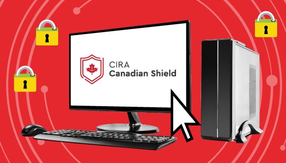 a desktop computer with the CIRA Canadian Shield logo on it, padlocks and a cursor