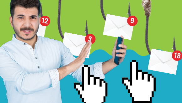 a person blocking a phone with his hand, with unopened envelopes and fish hooks