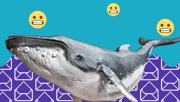 "a whale, with envelopes and cringe face emojis"