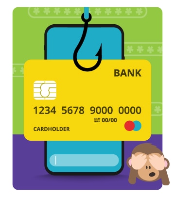 a credit card with a fish hook in front and a phone behind, with an emoji of a monkey covering its eyes