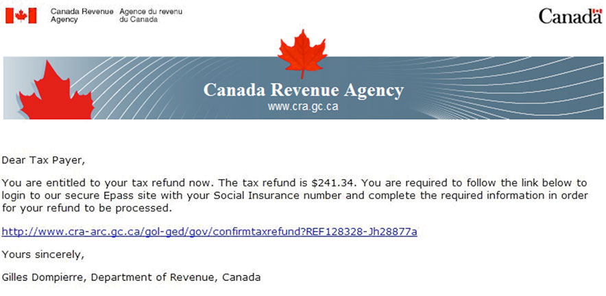 Fraudulent online refund pretending to come from the Canada Revenue Agency