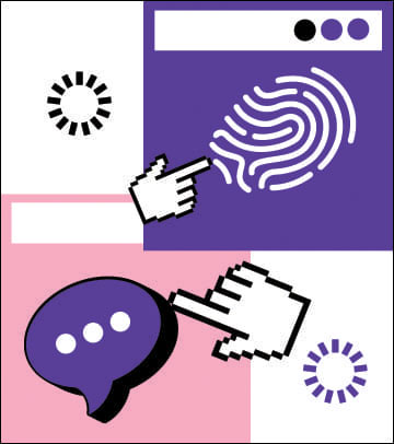 "a fingerprint, hand-shaped cursors, a dialogue bubble and update circles"