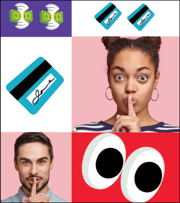 fields containing wads of money with wings, credit cards, eyeball emojis and two faces of people with one finger to their lips