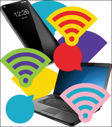 "a phone, a laptop, dialogue bubbles and Wi-Fi symbols"