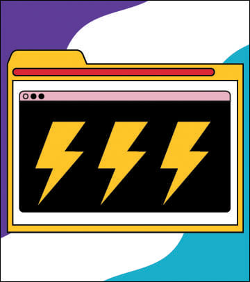 "a file folder with a dialogue window and three lightning bolts on it"