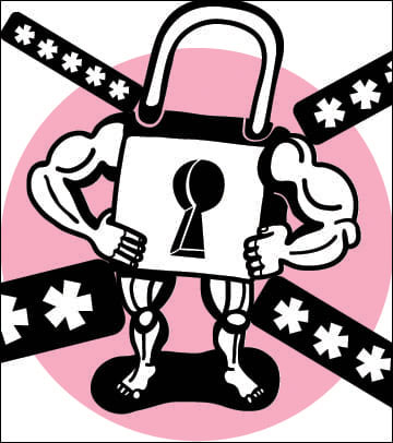 "a padlock with very muscular arms, standing akimbo surrounded by passwords"