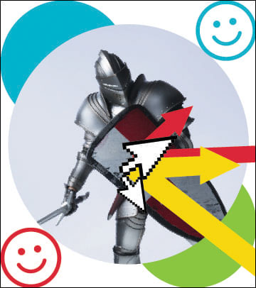 "a knight in full armour with sword and sheild, arrows bouncing off the sheild, with happy face emojis in two corners"