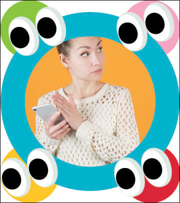 "a person shielding a phone with her hand, surrounded by eyeball emojis"