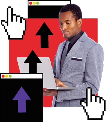 "a person in a suit surrounded by arrows pointing up and a cursor hand"
