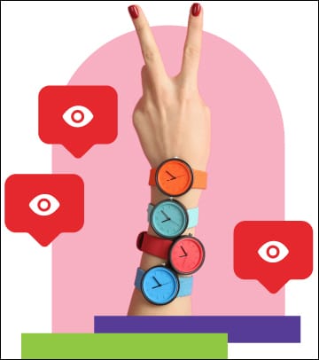 "a hand making a peace sign, with four watches on the arm, and notifications with eyes"